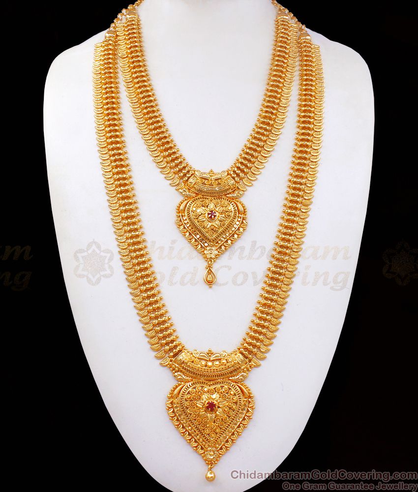 One Gram Gold Plated Haram Necklace Combo Ruby Stone HR2185