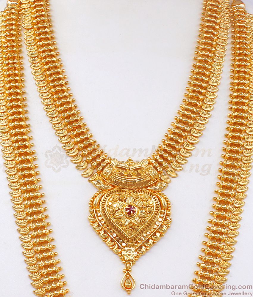 One Gram Gold Plated Haram Necklace Combo Ruby Stone HR2185