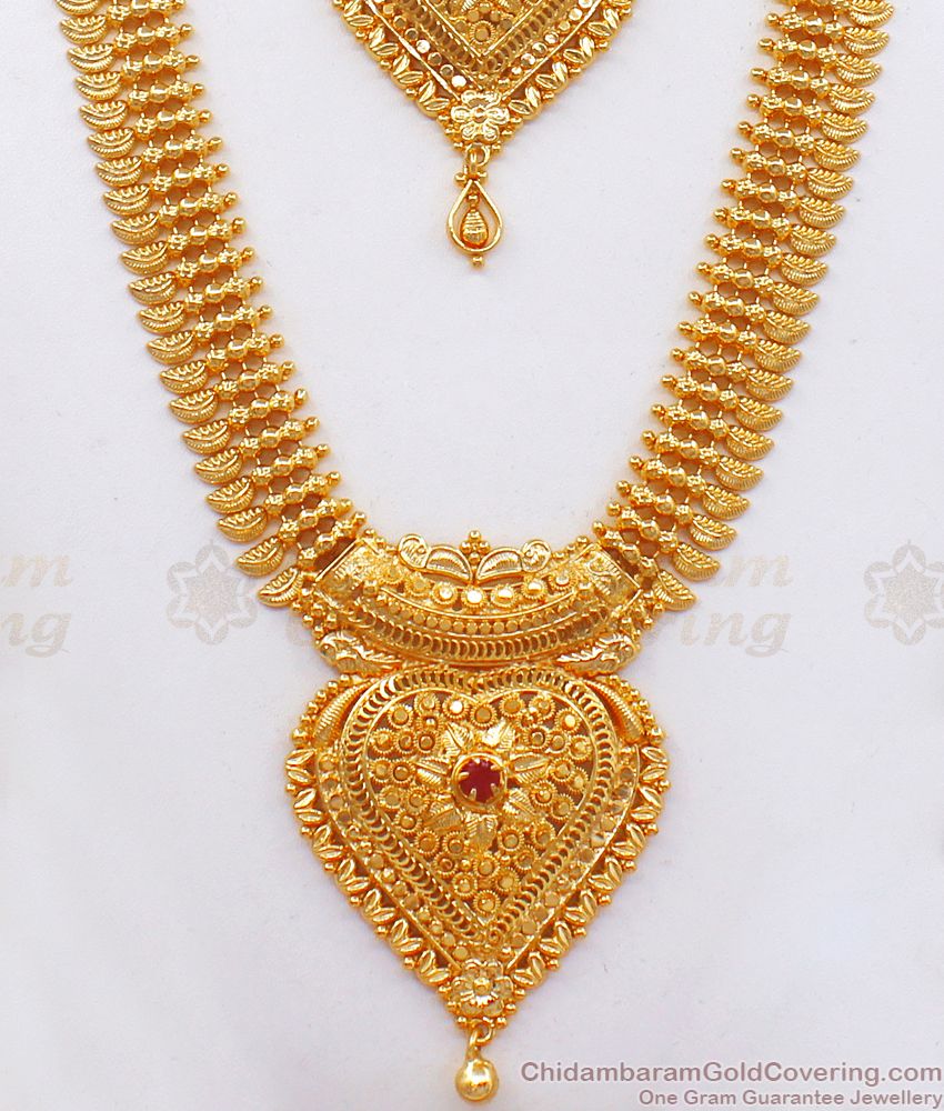 One Gram Gold Plated Haram Necklace Combo Ruby Stone HR2185