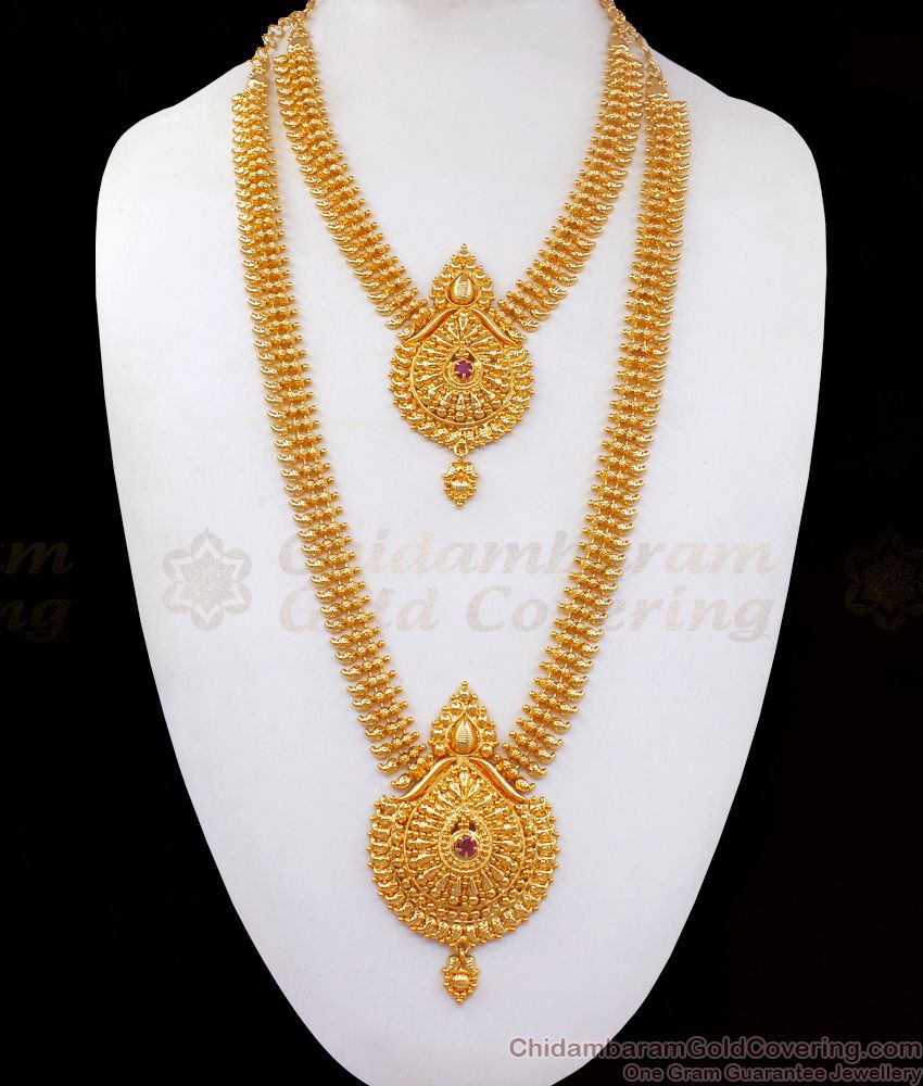 One Gram Gold Ruby Stone Mango Haram Necklace Combo HR2186