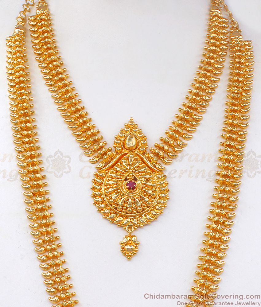 One Gram Gold Ruby Stone Mango Haram Necklace Combo HR2186