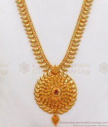 Traditional Leaf Pattern Ruby Stone Round Pendant Gold Haram HR2189