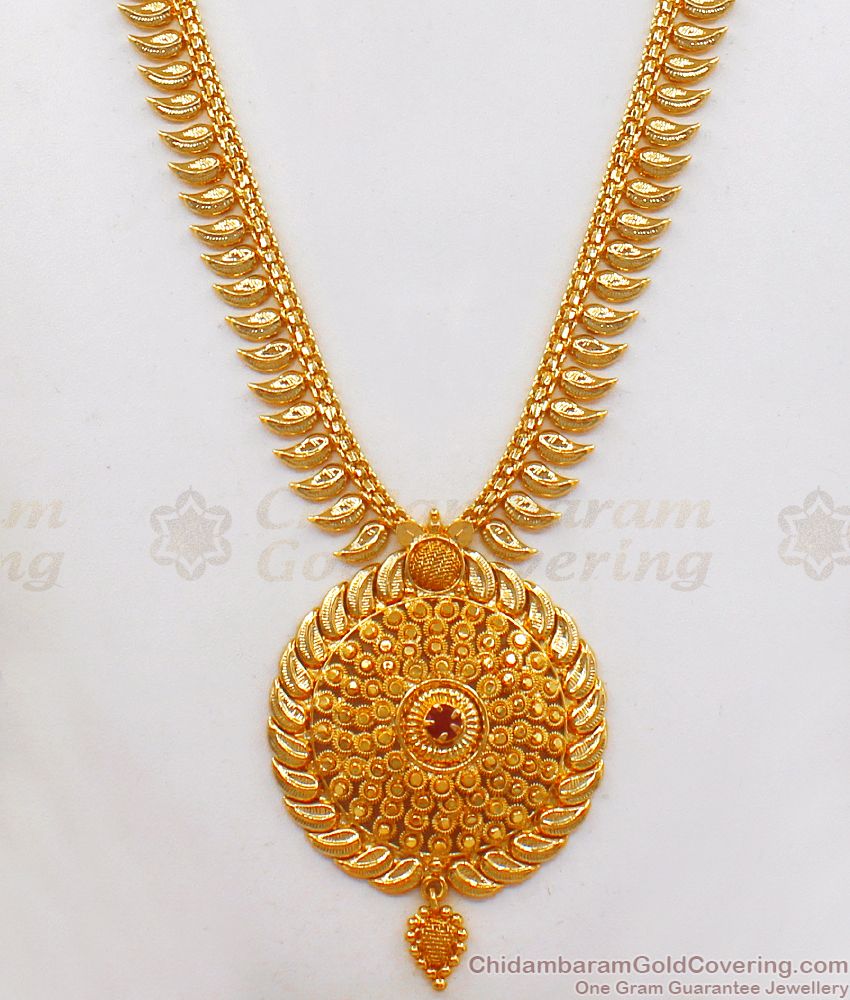 Traditional Leaf Pattern Ruby Stone Round Pendant Gold Haram HR2189