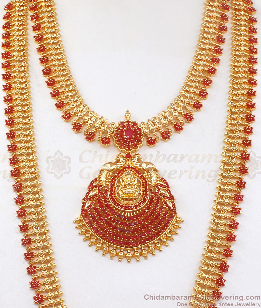 Gorgeous Full Ruby Stone Bridal Wear Gold Haram Necklace Combo HR2220