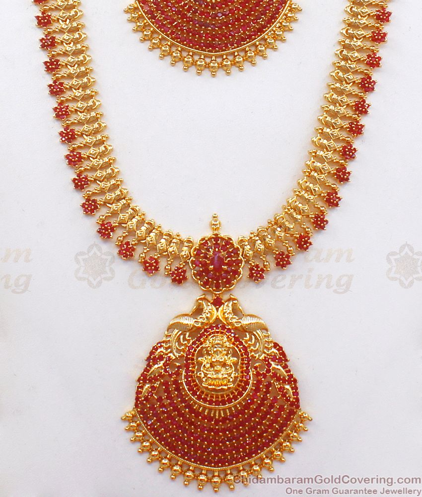 Gorgeous Full Ruby Stone Bridal Wear Gold Haram Necklace Combo HR2220