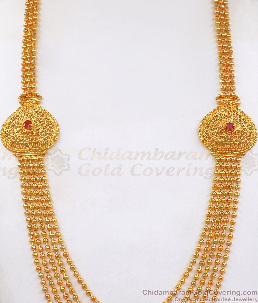 Latest One Gram Gold Haaram 5 Layer Gold Beads Ruby Stone HR2263