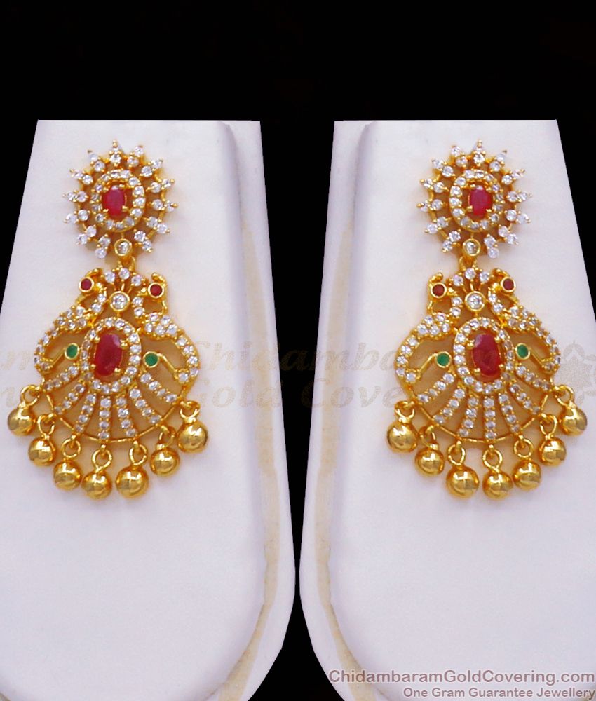 Multi Stone Peacock Design Gold Tone Haram Earring Bridal Set HR2303