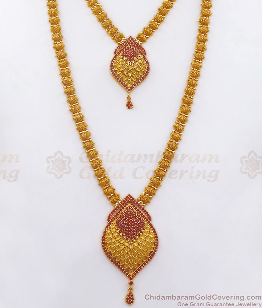 Attractive Ruby Stone Gold Plated Haram Combo Net Pattern HR2315