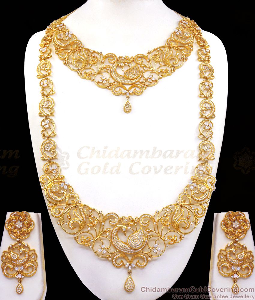AD White Stone Bridal Wear Gold Imitation Haram Full Combo Set HR2326 AD White Stone Bridal Wear Gold Imitation Haram Full Combo Set HR2326