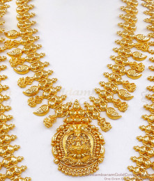 Premium Lakshmi Design Gold Haram Necklace Combo Set HR2342 Premium Lakshmi Design Gold Haram Necklace Combo Set HR2342