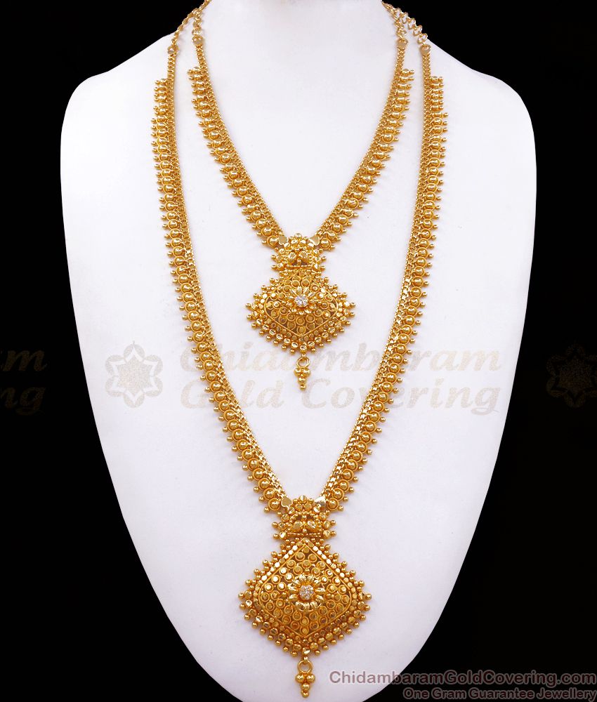 One Gram Gold Plated White Stone Haram Necklace Combo Bridal Collection HR2349