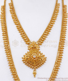 One Gram Gold Plated White Stone Haram Necklace Combo Bridal Collection HR2349 One Gram Gold Plated White Stone Haram Necklace Combo Bridal Collection HR2349