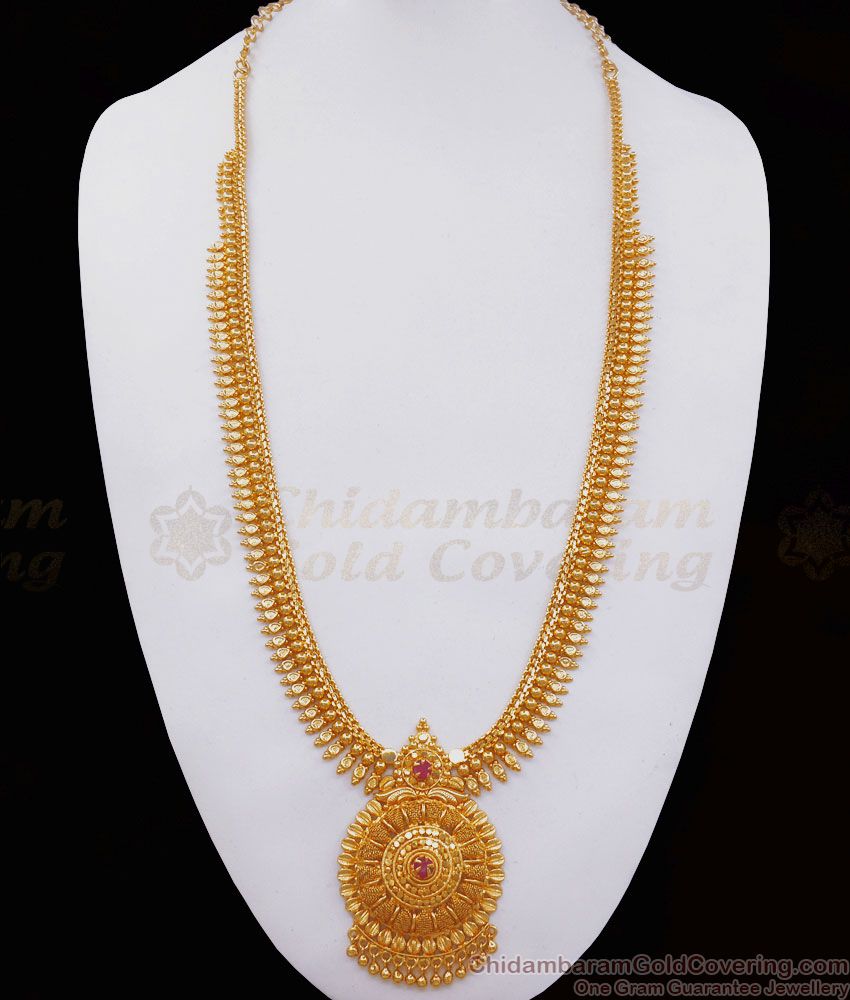 One Gram Gold Haram Net Pattern Mullaipoo Design With Ruby Stone HR2380