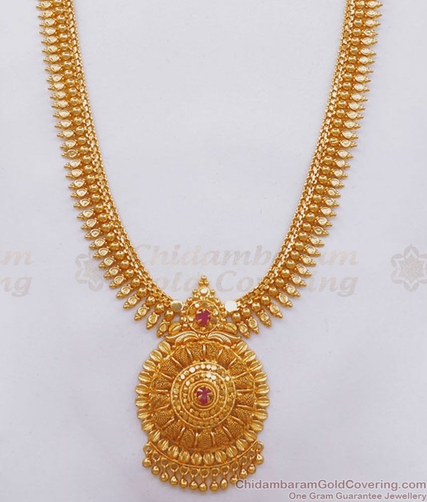 One Gram Gold Haram Net Pattern Mullaipoo Design With Ruby Stone HR2380