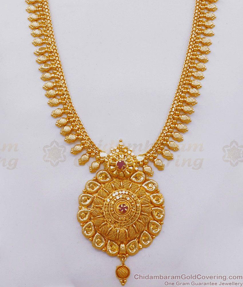 1 Gram Gold Haram Ruby Stone Mullai Mottu Design Net Pattern HR2381