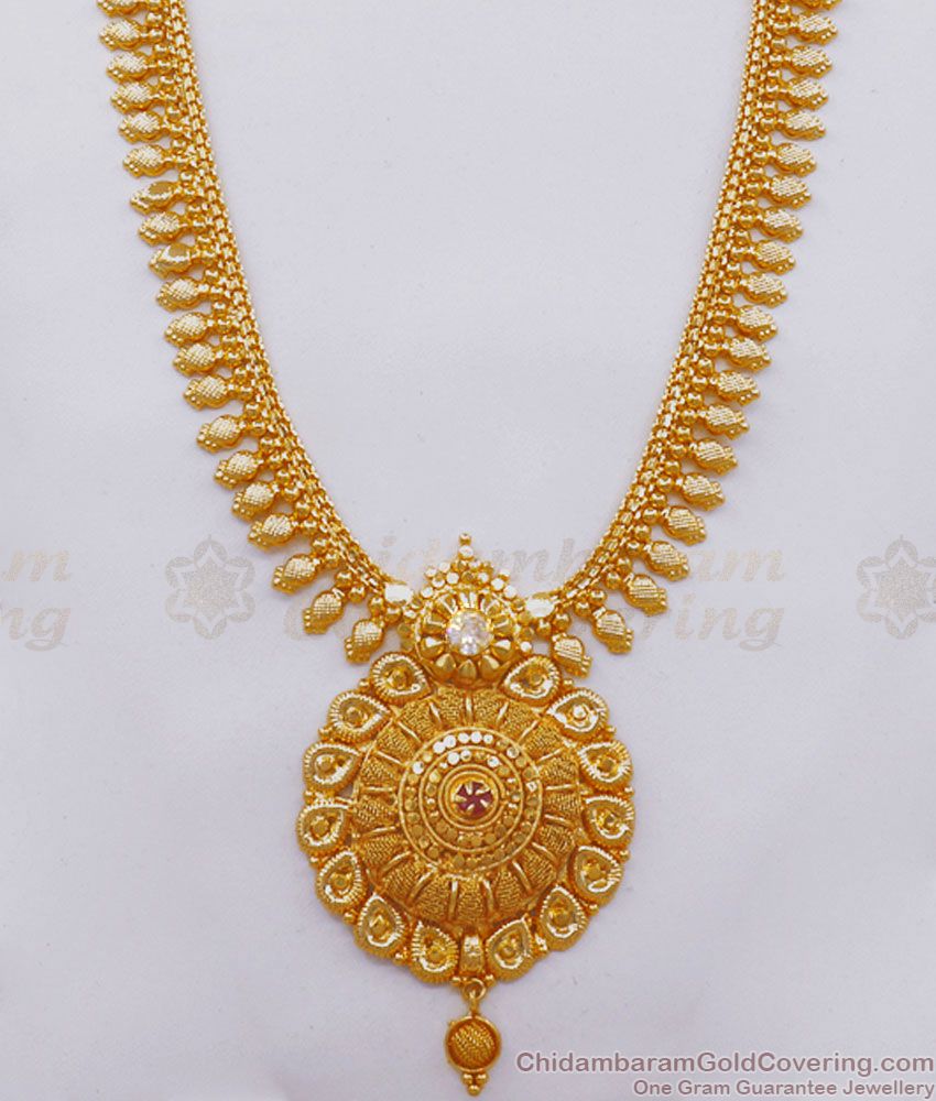 Kerala Type Gold Plated Haram Ruby White Stone Shop Online HR2382