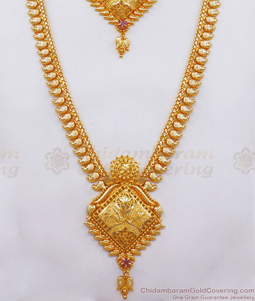 Latest Mango Design Gold Imitation Haaram Necklace Combo With Ruby Stone HR2388