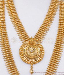 Grand Bridal One Gram Gold Haram Long Necklace Combo Set White Stone HR2391