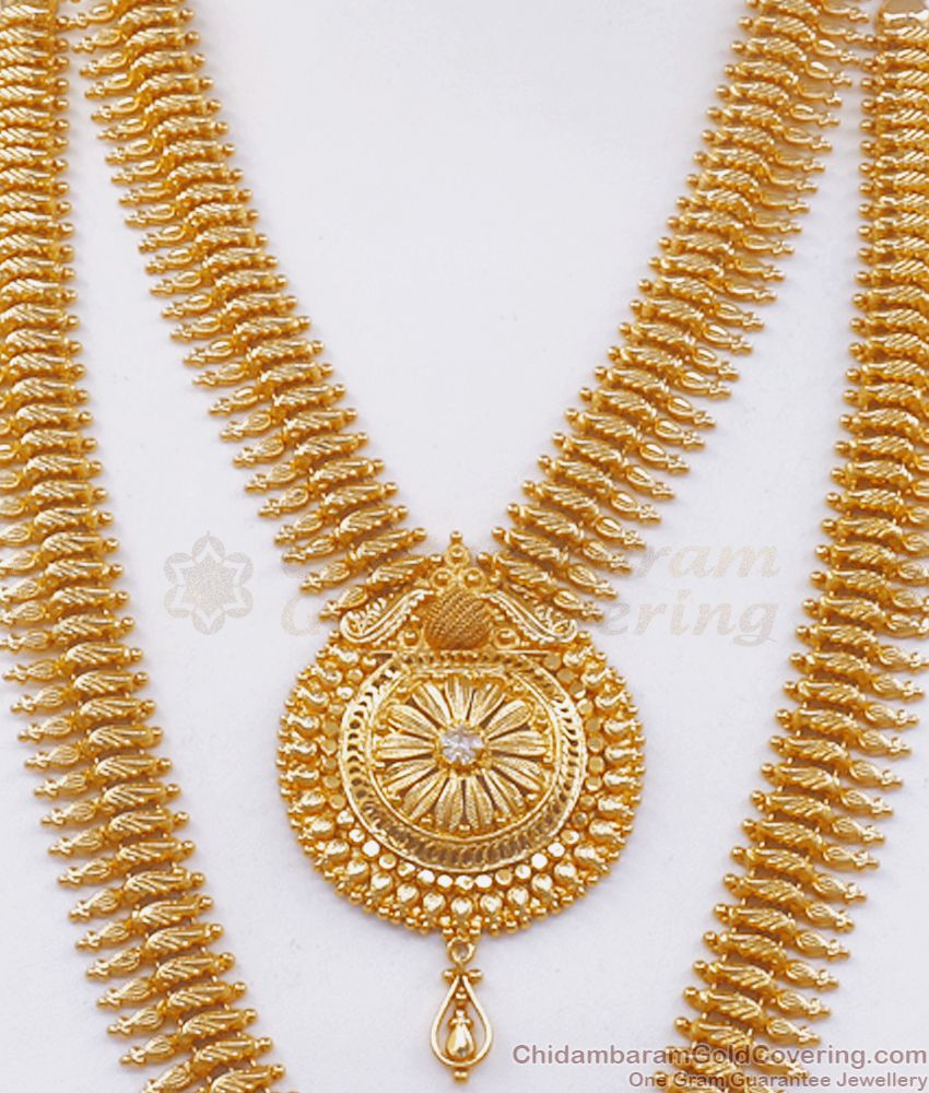 Grand Bridal One Gram Gold Haram Long Necklace Combo Set White Stone HR2391