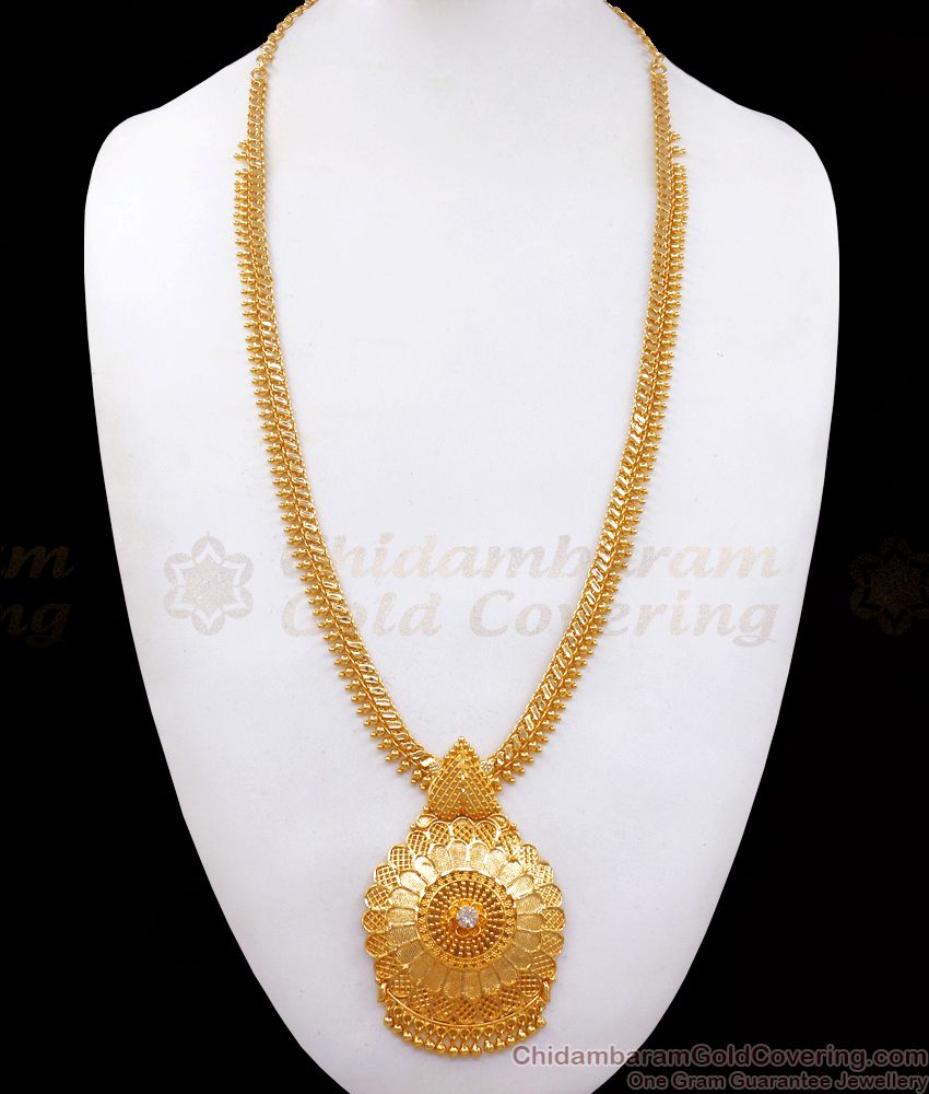 1 Gram Gold Haaram Gold Beads White Stone Big Pendant Type HR2430