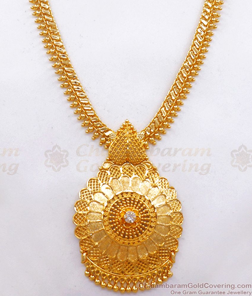 1 Gram Gold Haaram Gold Beads White Stone Big Pendant Type HR2430