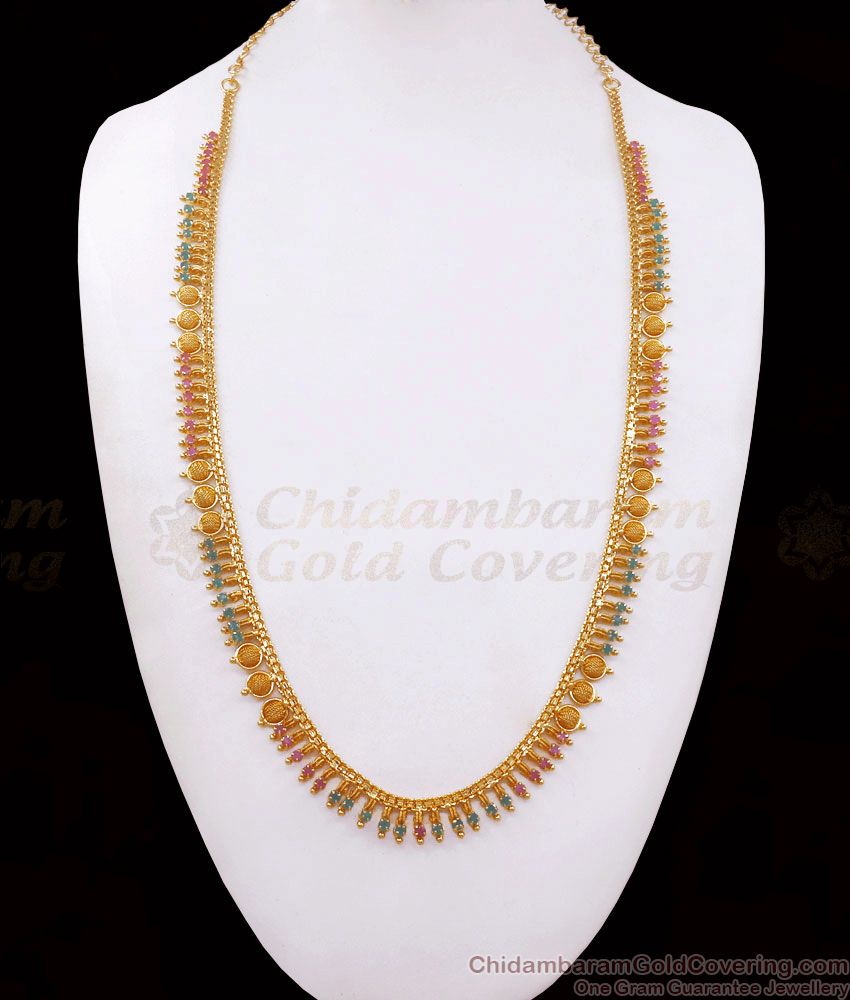 Multi Stone Gold One Gram Long Necklace Net Pattern Haaram HR2458