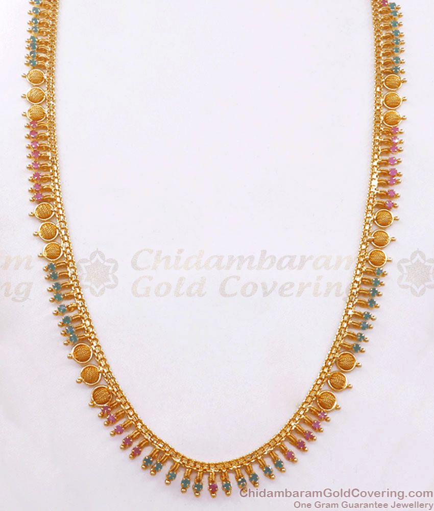 Multi Stone Gold One Gram Long Necklace Net Pattern Haaram HR2458