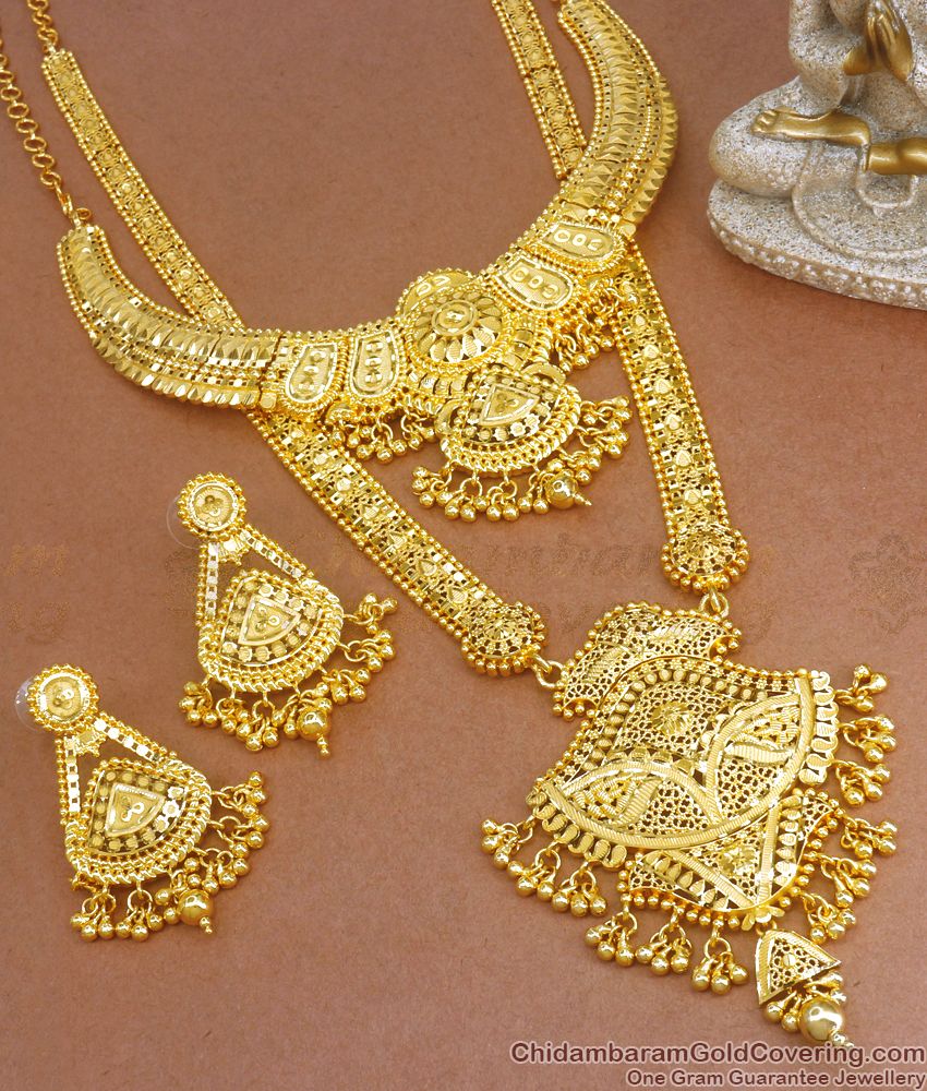 916 Gold Pattern Grand Forming Bridal Haram Necklace Set Online HR2464