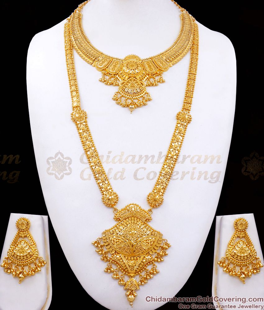 916 Gold Pattern Grand Forming Bridal Haram Necklace Set Online HR2464