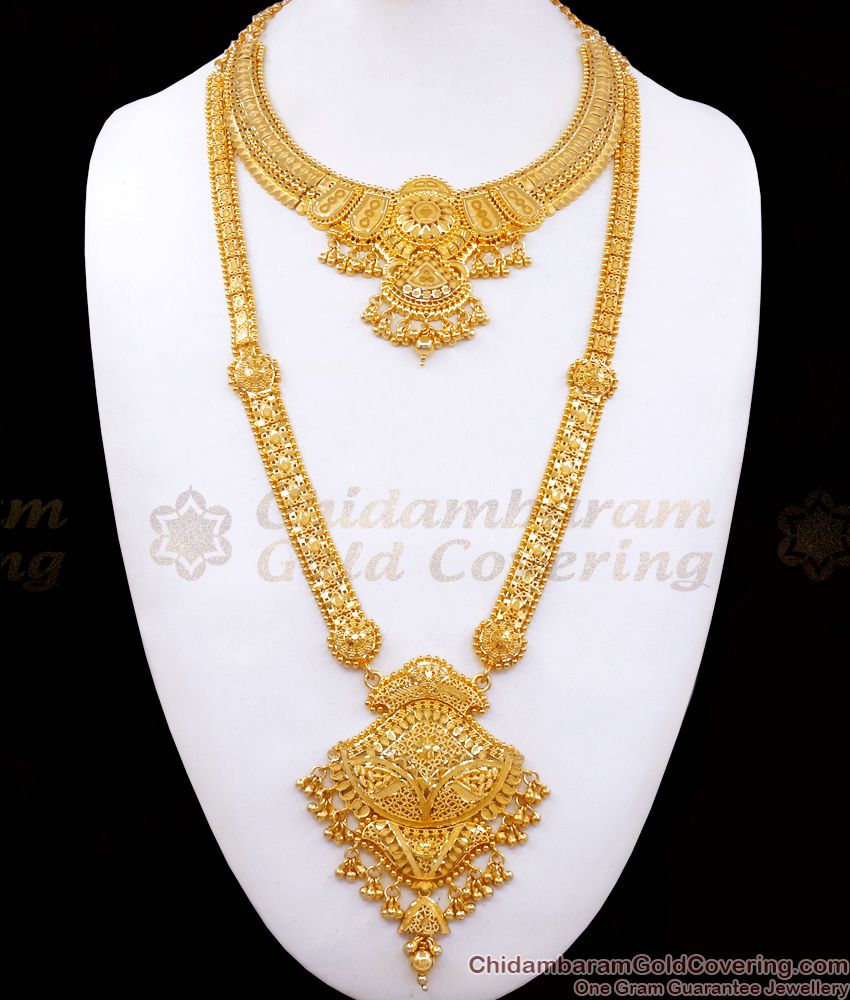 916 Gold Pattern Grand Forming Bridal Haram Necklace Set Online HR2464