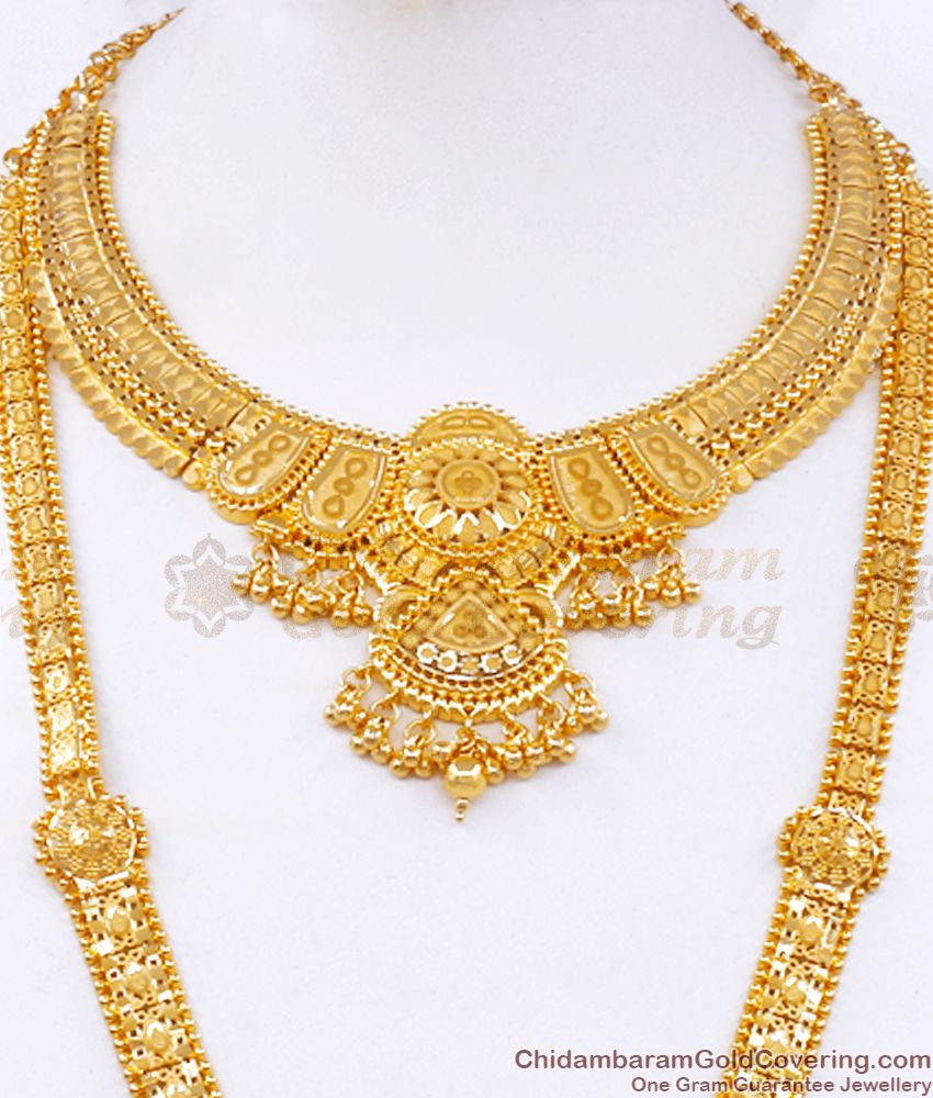 916 Gold Pattern Grand Forming Bridal Haram Necklace Set Online HR2464