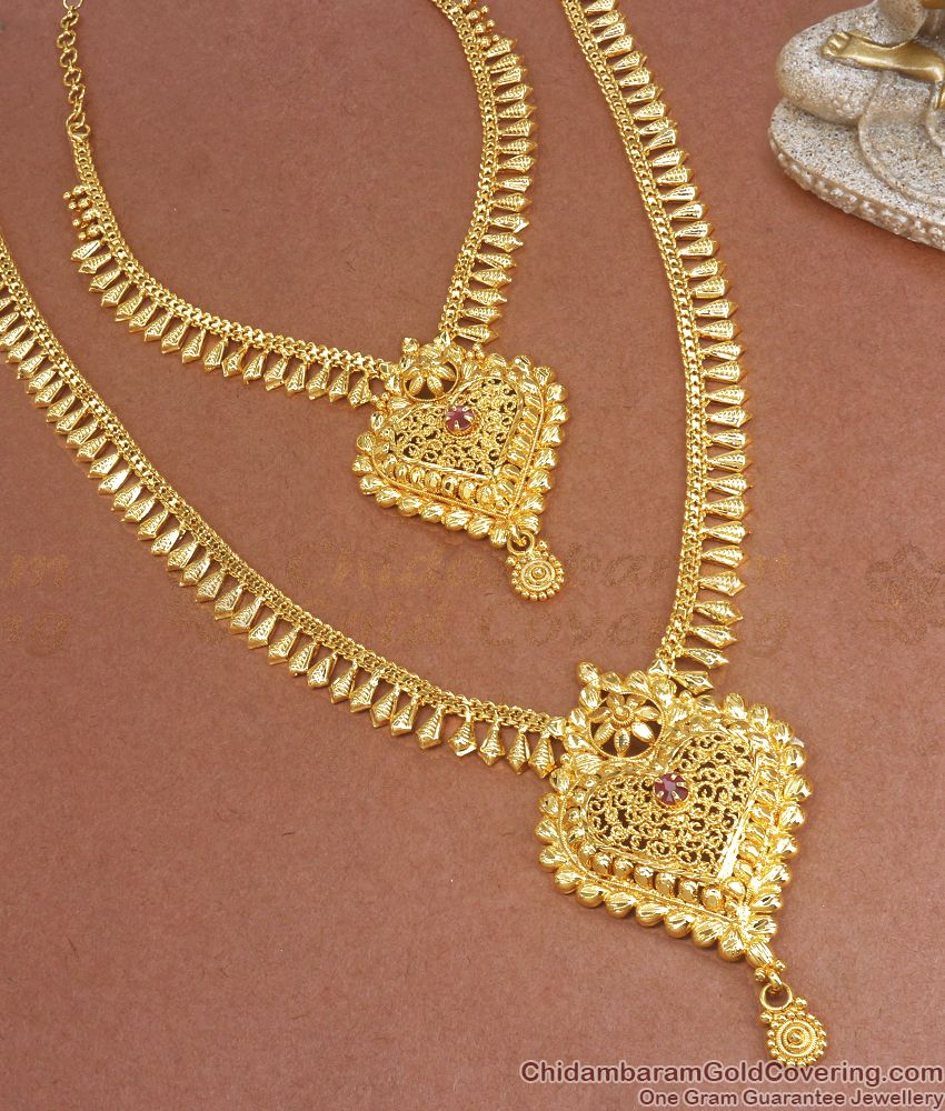 One Gram Gold Haram Heart Shaped Ruby Stone Necklace Combo HR2466