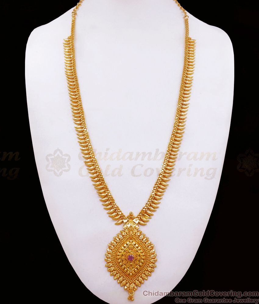 Kerala Haram Design Single Ruby Stone Long Necklace Shop Online HR2470