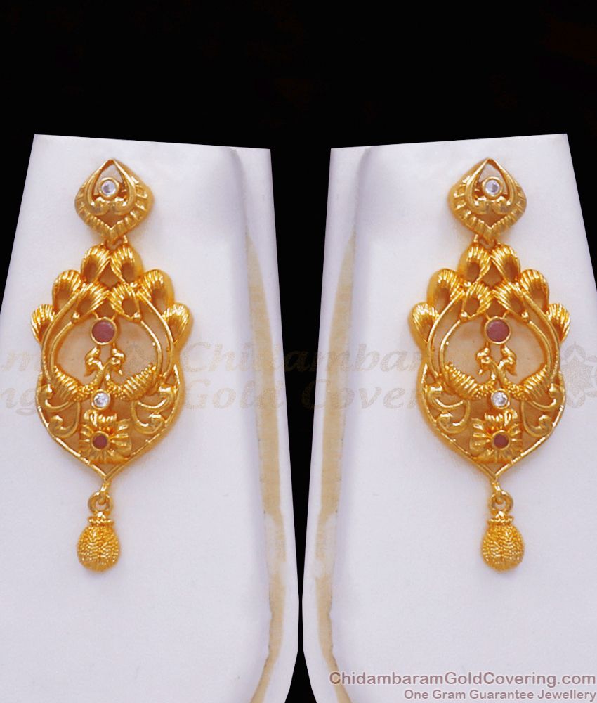 Grand 1 Gram Gold Haram Earring Set Peacock Full Ruby White Stone HR2506