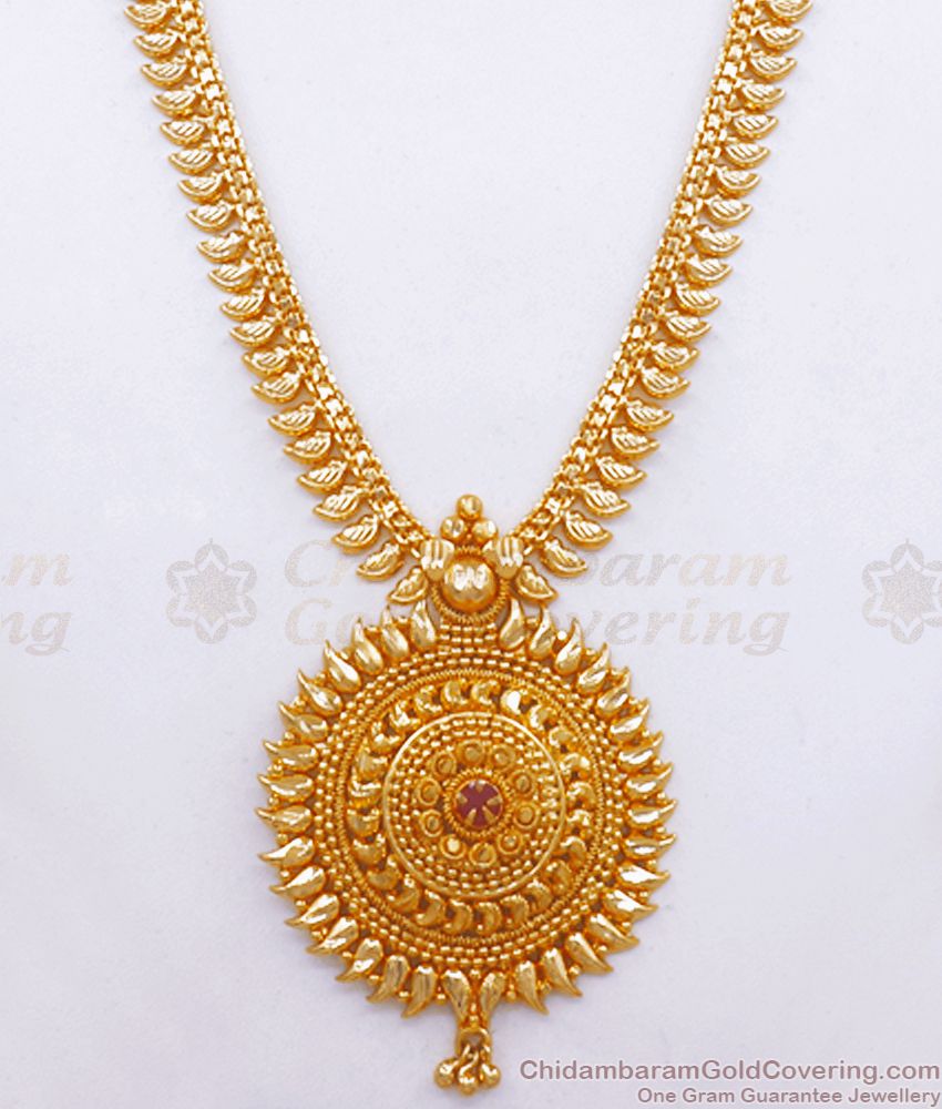 Simple Mango Pattern Bridal Gold Haram With Ruby Stone HR2515