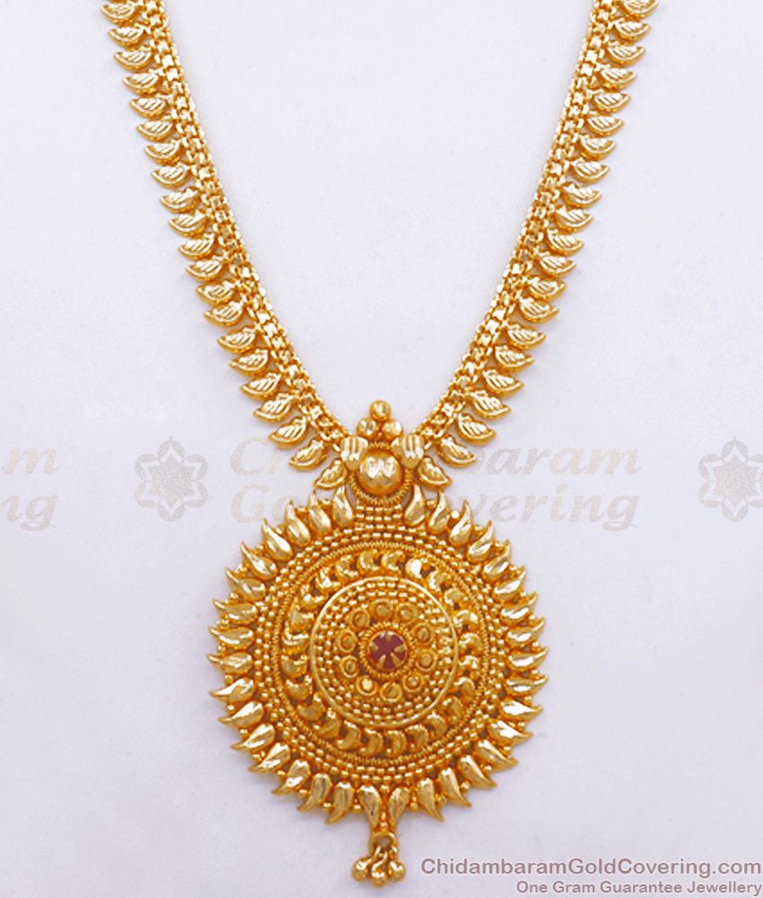 Simple Mango Pattern Bridal Gold Haram With Ruby Stone HR2515 Simple Mango Pattern Bridal Gold Haram With Ruby Stone HR2515