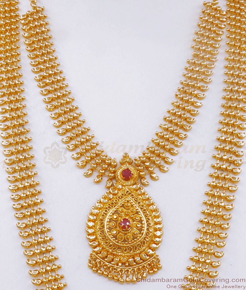 One Gram Gold 3 Line Haram Necklace Combo Ruby Stone Set HR2517