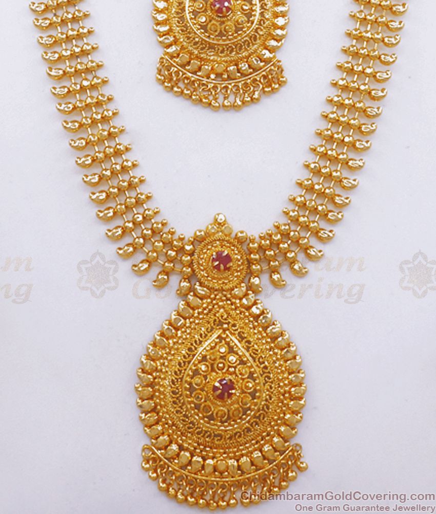 One Gram Gold 3 Line Haram Necklace Combo Ruby Stone Set HR2517