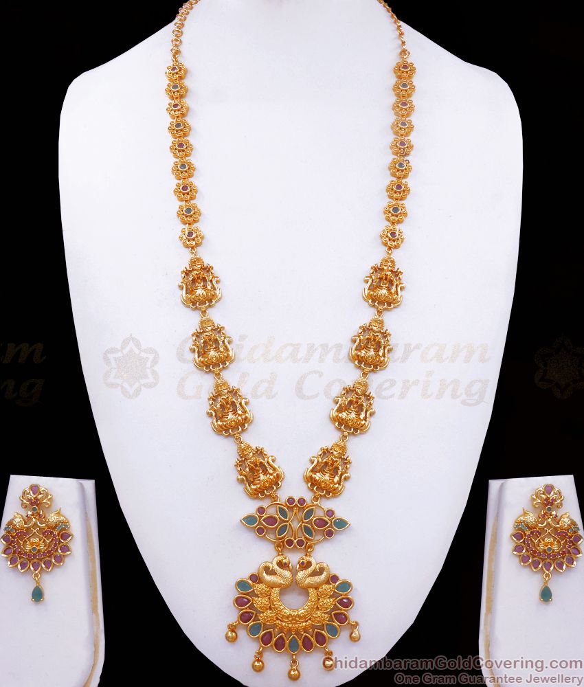 Grand Real Gold Pattern Stone Haram Lakshmi Design Earring Combo HR2520