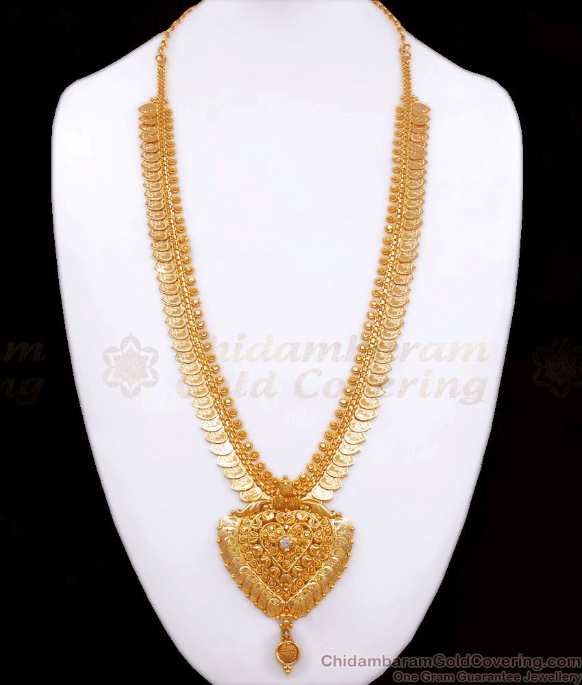 Lakshmi Heart Coin Pattern White Stone Gold Kasu Malai Haaram Shop Online HR2533