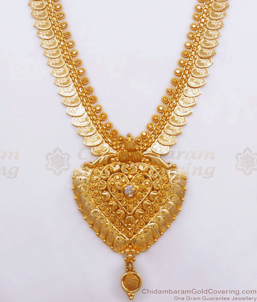 Lakshmi Heart Coin Pattern White Stone Gold Kasu Malai Haaram Shop Online HR2533