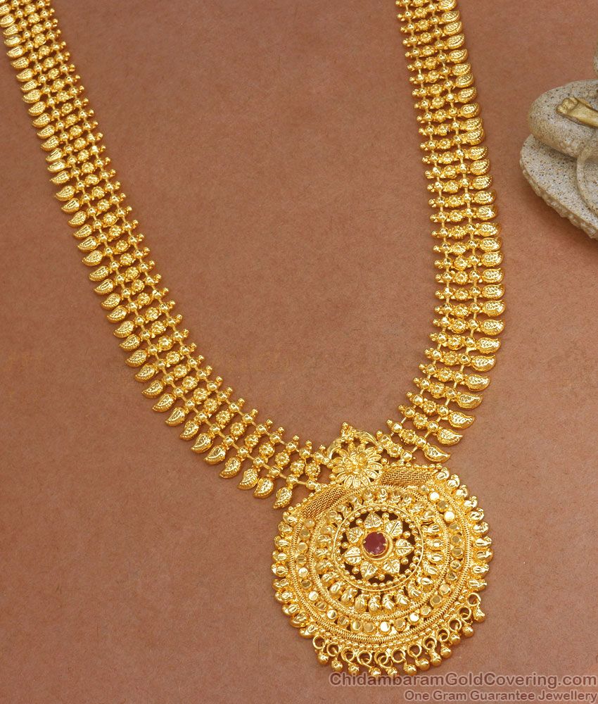 Traditional Kerala Pattern Gold Haram Ruby Stone Shop Online HR2538