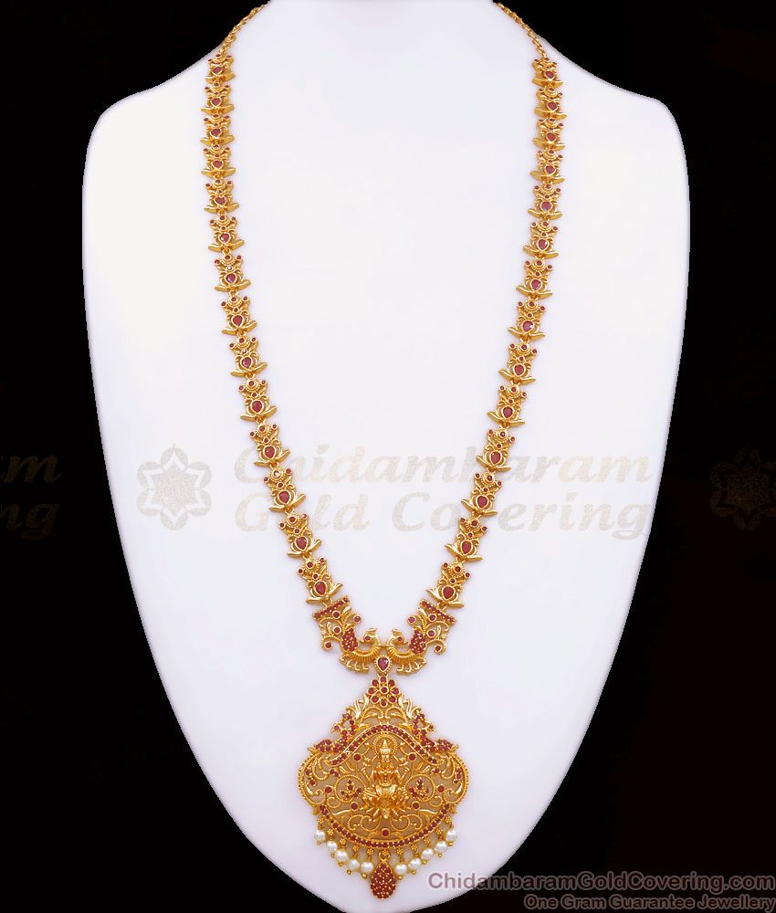 Full Ruby Zircon Stone Bridal Gold Plated Haram Pearl Hanging HR2539