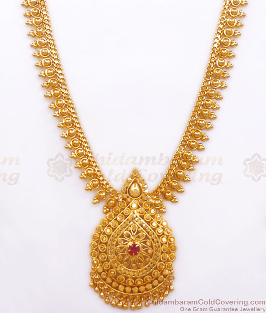 Premium Kerala Pattern Gold Bridal Haram Ruby Stone Design Shop Online HR2549