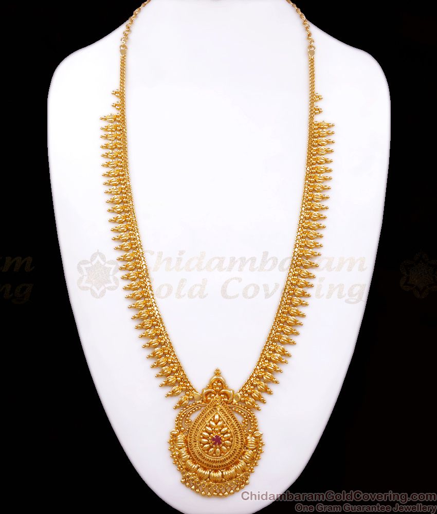 Unique Ruby Stone Gold Beaded Haram Kerala Jewelry Bridal Wear Collections HR2551