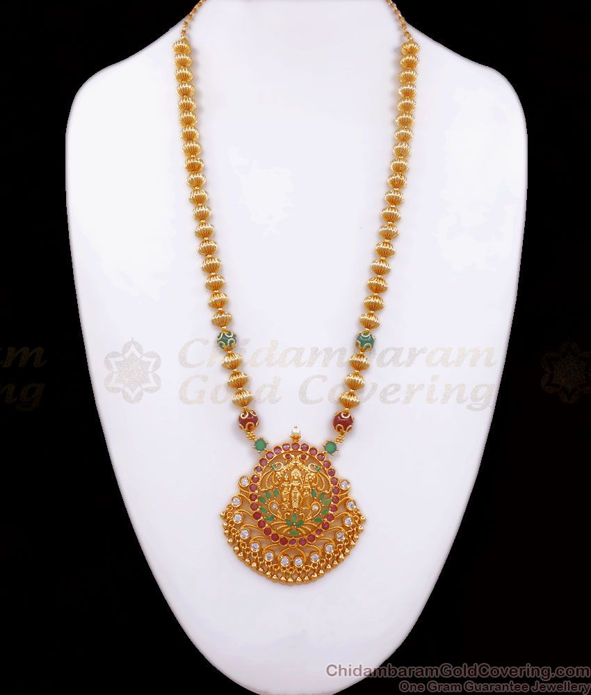 Hyderabad Pattern Gold Long Haram Design With Red And Green Beads HR2565