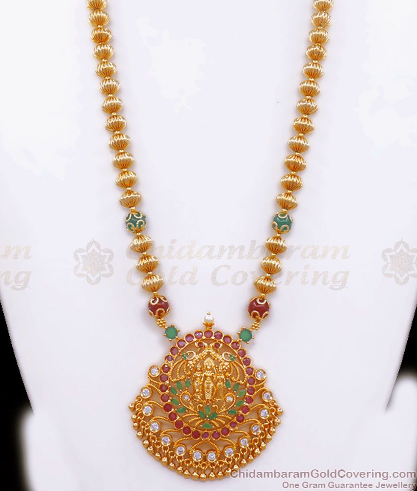 Hyderabad Pattern Gold Long Haram Design With Red And Green Beads HR2565