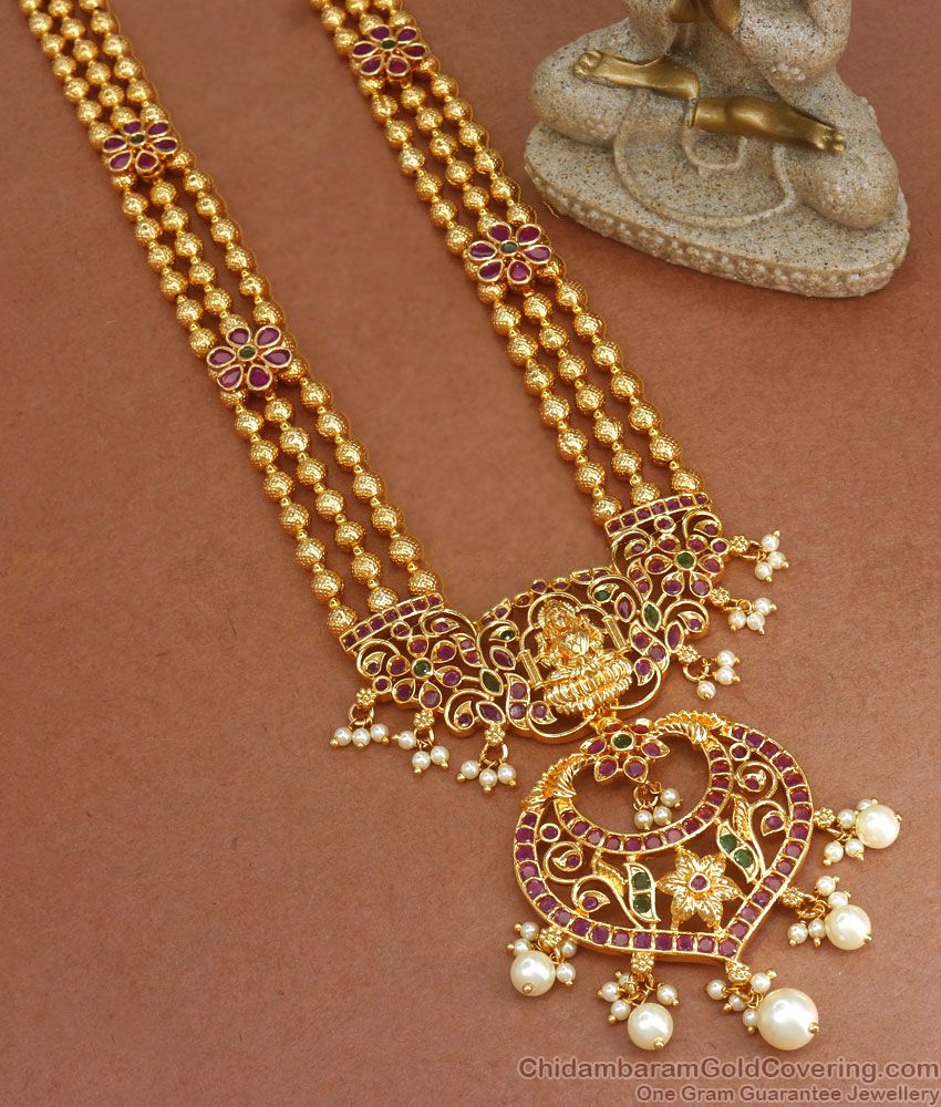 Grand Bridal Wear One Gram Gold Long Haram With Lakshmi Design HR2568