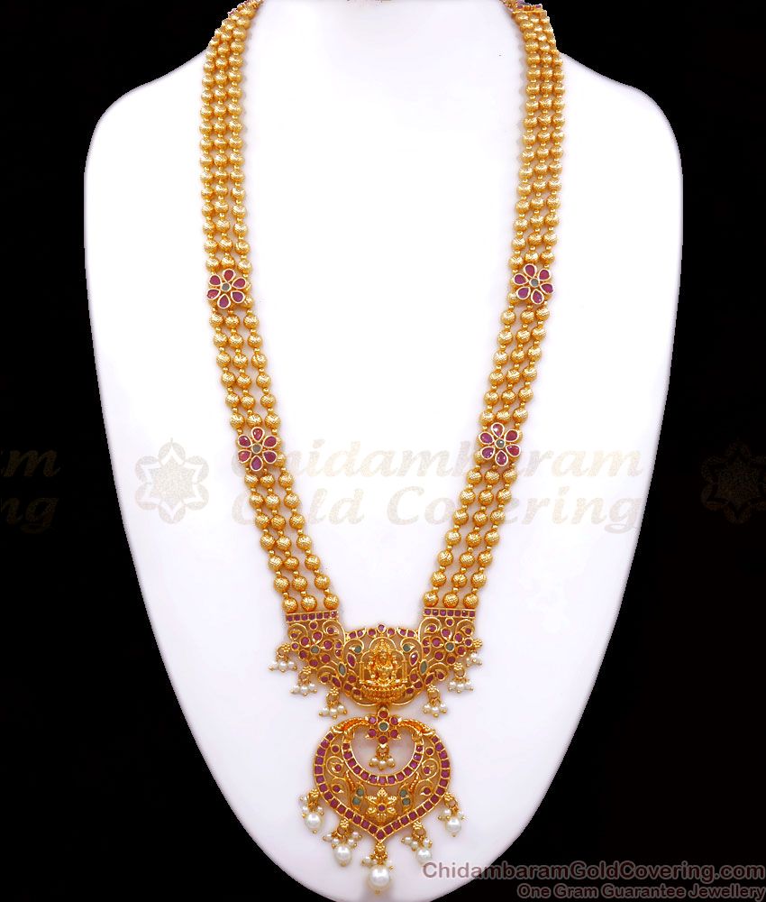 Grand Bridal Wear One Gram Gold Long Haram With Lakshmi Design HR2568