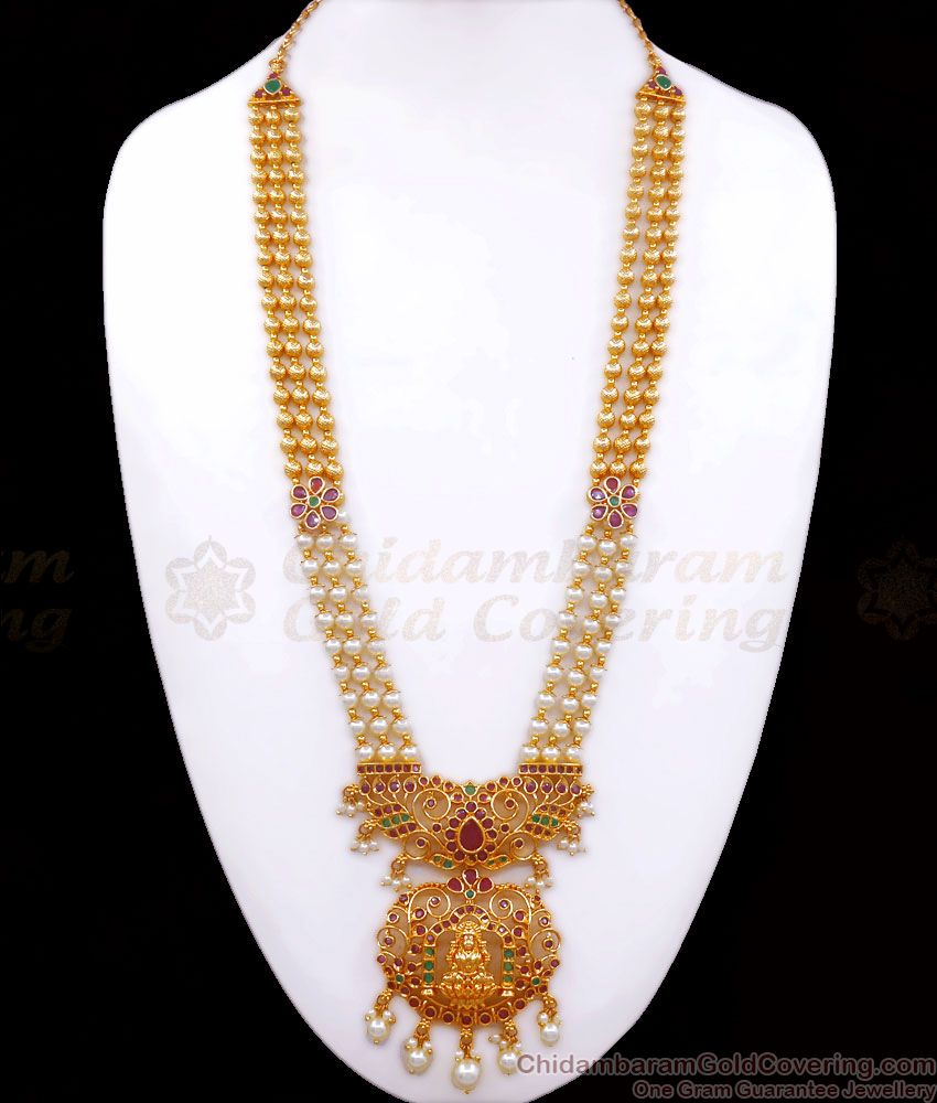 Grand Bridal Wear One Gram Gold Long Haram With Lakshmi Design HR2569